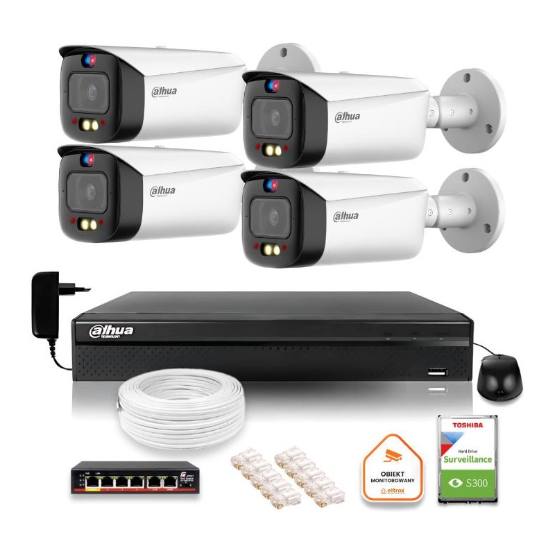 Zestaw monitoringu IP Dahua TIOC 5mpx 2K 4 kamery IPC-HFW3849T1-AS-PV-0280B-S5 rejestrator z dyskiem do pracy ciągłej
