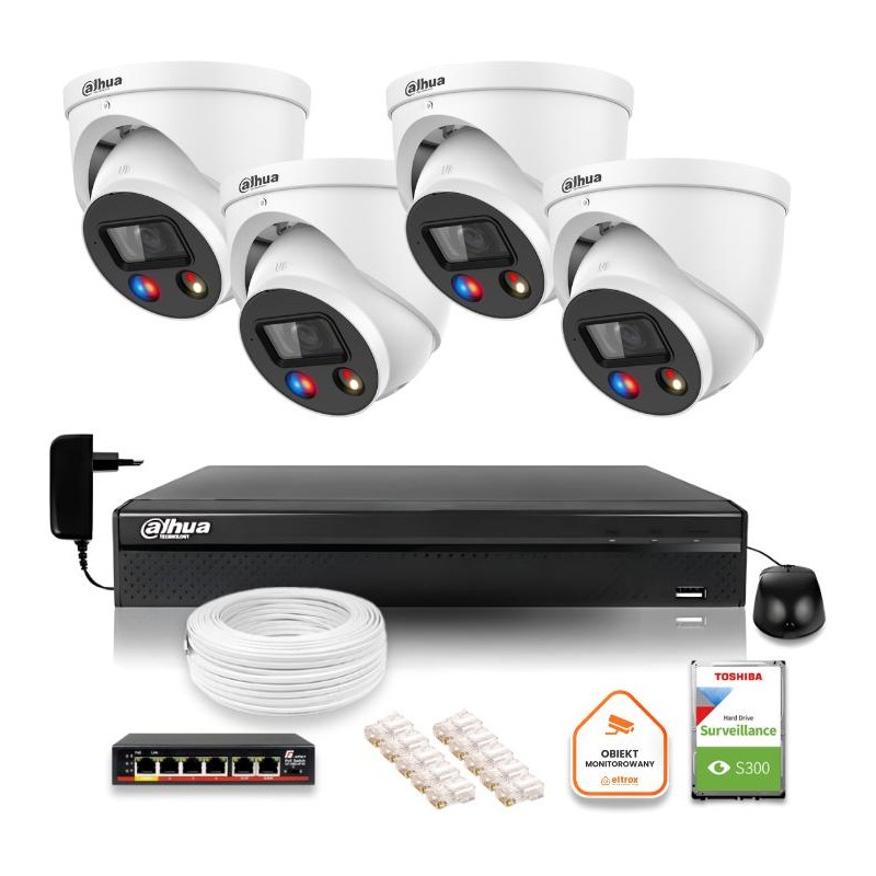 Zestaw monitoringu IP Dahua TIOC 5mpx 2K 4 kamery IPC-HDW3549H-AS-PV-0280B-S5 rejestrator z dyskiem do pracy ciągłej