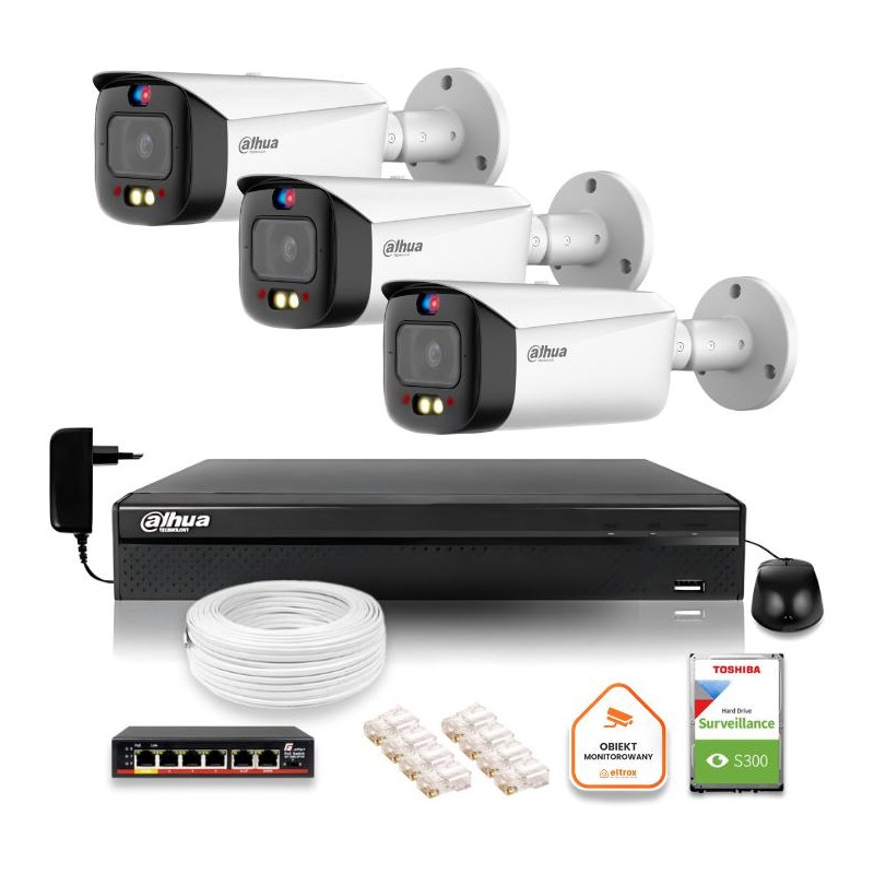 Zestaw monitoringu IP Dahua TIOC 5mpx 2K 3 kamery IPC-HFW3849T1-AS-PV-0280B-S5 rejestrator z dyskiem do pracy ciągłej