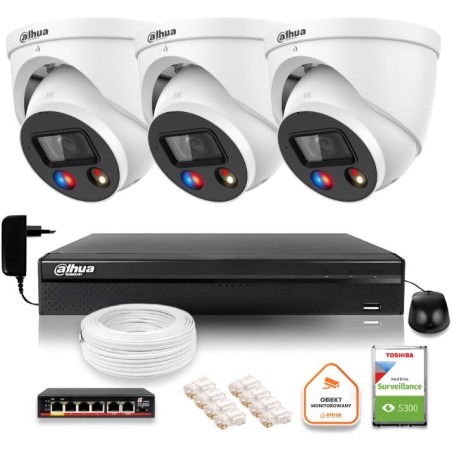 Zestaw monitoringu IP Dahua TIOC 8mpx 4K 3 kamery IPC-HDW3849H-AS-PV-0280B-S5 rejestrator z dyskiem do pracy ciągłej