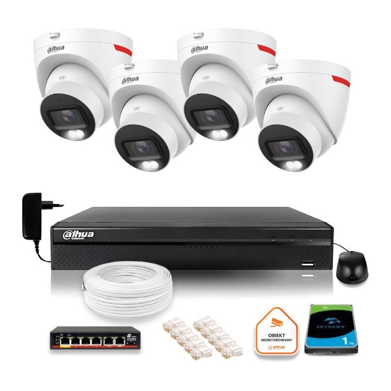 Zestaw monitoringu IP DAHUA 4 kamery zewnętrzne WizColor 2K 30m