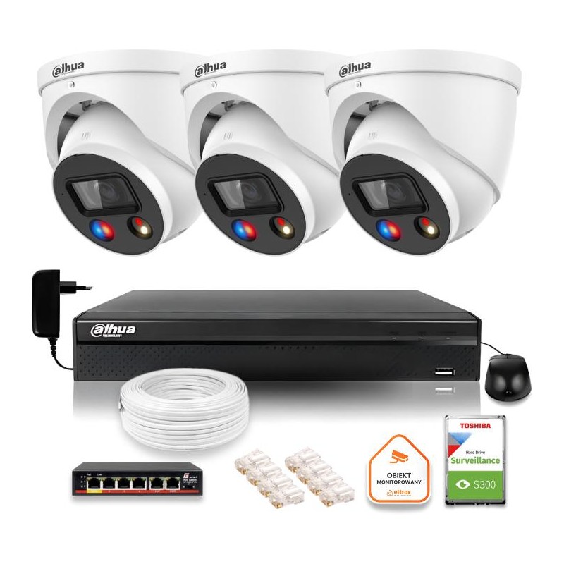 Zestaw monitoringu IP Dahua TIOC 5mpx 2K 3 kamery IPC-HDW3549H-AS-PV-0280B-S5 rejestrator z dyskiem do pracy ciągłej