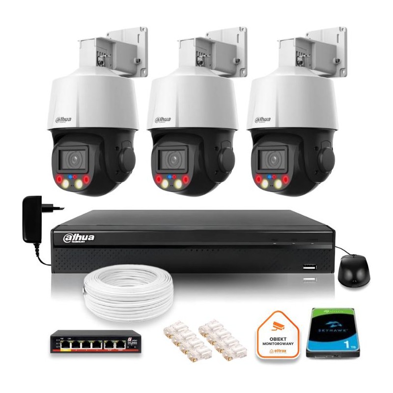 Zestaw monitoringu IP Dahua 3 kamery obrotowe 4MPx dysk 1TB