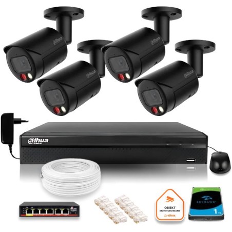 Zestaw monitoringu IP Dahua 4MPx 2K 4 kamery czarne zewnętrzne z dyskiem 1TB