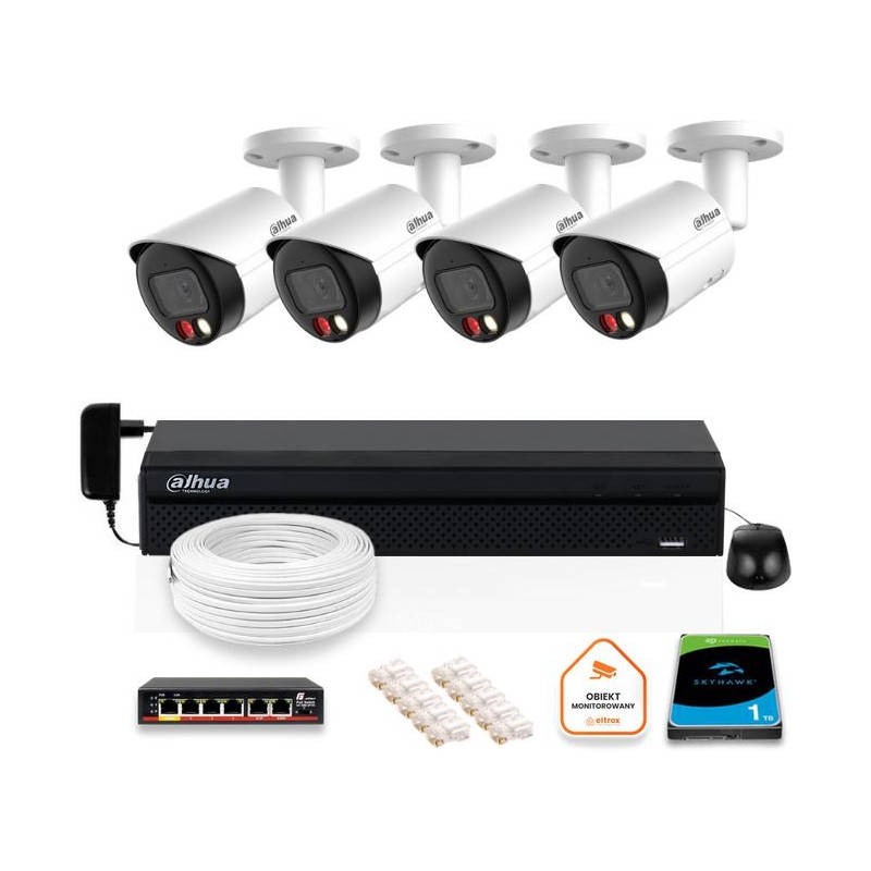 Zestaw monitoringu IP Dahua 8mpx 4K 4 kamery IPC-HFW2849S-S-IL z dyskiem 1TB