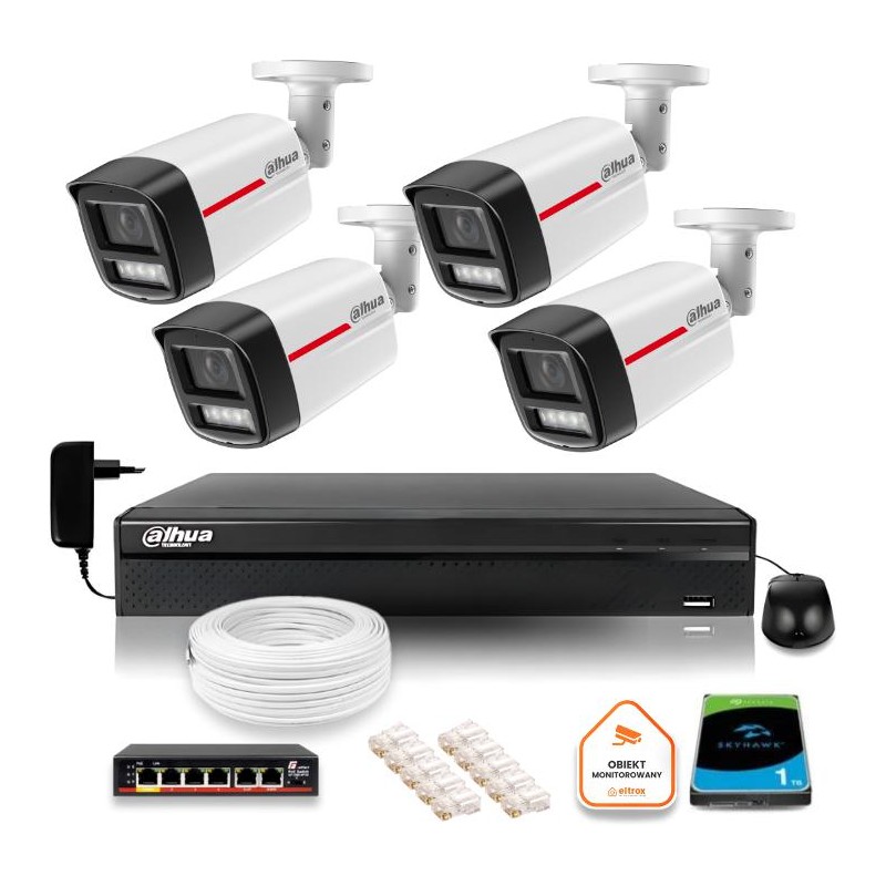 Zestaw monitoringu IP DAHUA 4 kamery zewnętrzne WizColor 2K 4MPx 50m