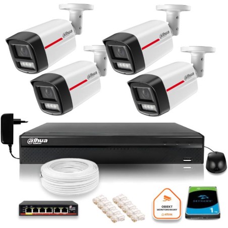Zestaw monitoringu IP DAHUA 4 kamery zewnętrzne WizColor 2K 4MPx 50m
