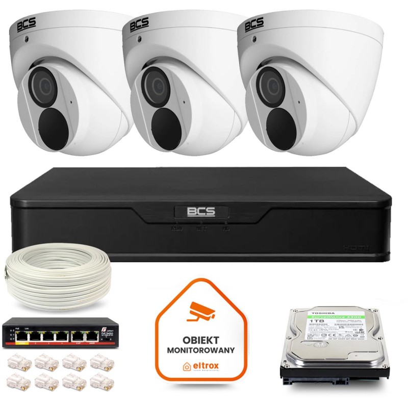 Zestaw monitoringu IP BCS Point 3x Kamera BCS-P-EIP28FWR3-Ai2 Rejestrator z dyskiem