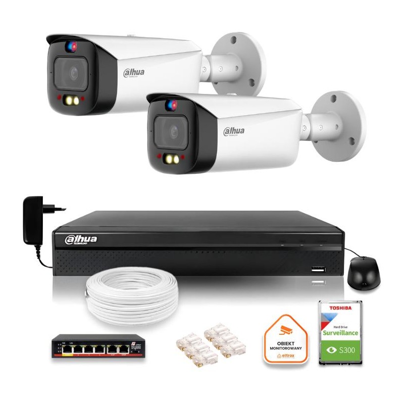 Zestaw monitoringu IP Dahua TIOC 5mpx 2K 2 kamery IPC-HFW3549T1-AS-PV-0280B-S5 rejestrator z dyskiem do pracy ciągłej