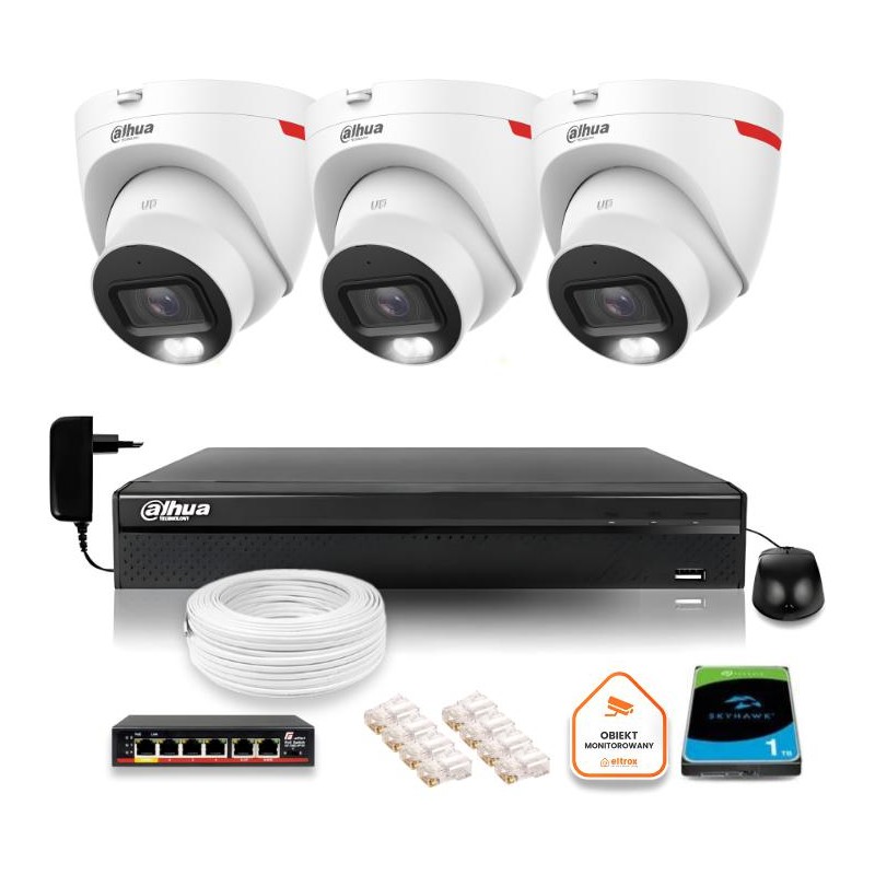 Zestaw monitoringu IP DAHUA 3 kamery zewnętrzne WizColor 2K 30m