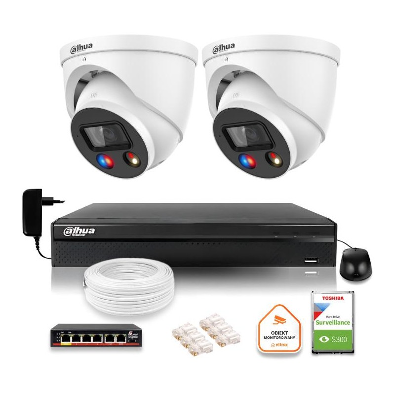 Zestaw monitoringu IP Dahua TIOC 8mpx 4K 2 kamery IPC-HDW3849H-AS-PV-0280B-S5 rejestrator z dyskiem do pracy ciągłej
