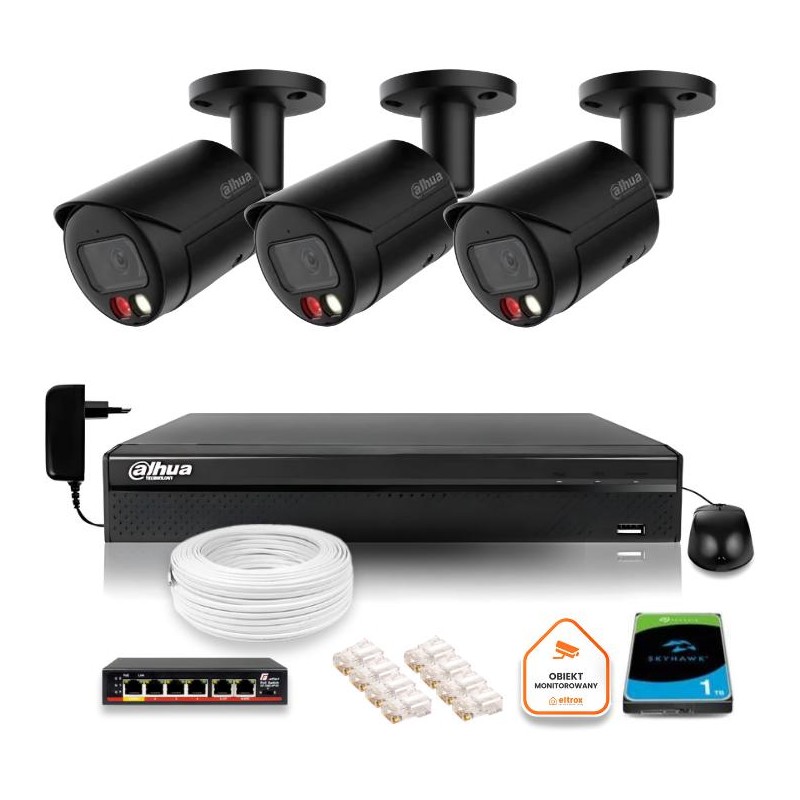 Zestaw monitoringu IP Dahua 4MPx 2K 3 kamery czarne zewnętrzne z dyskiem 1TB