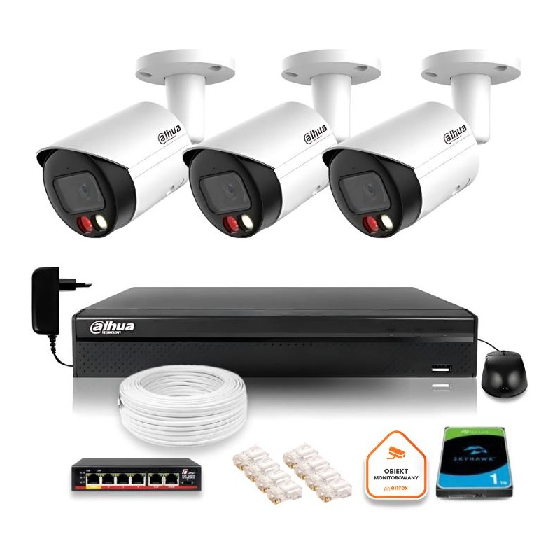 Zestaw monitoringu IP Dahua 8mpx 4K 3 kamery IPC-HFW2849S-S-IL z dyskiem 1TB