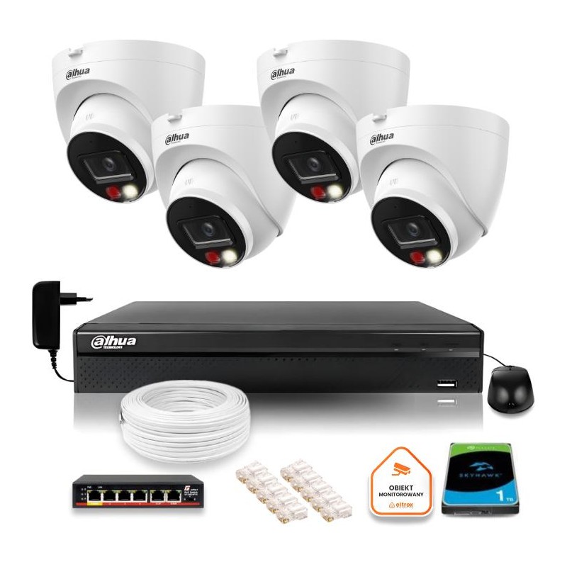 ZESTAW 4 Kamer IP Dahua 8mpx IPC-HDW1839T-A-IL-0280B-S6 + DYSK