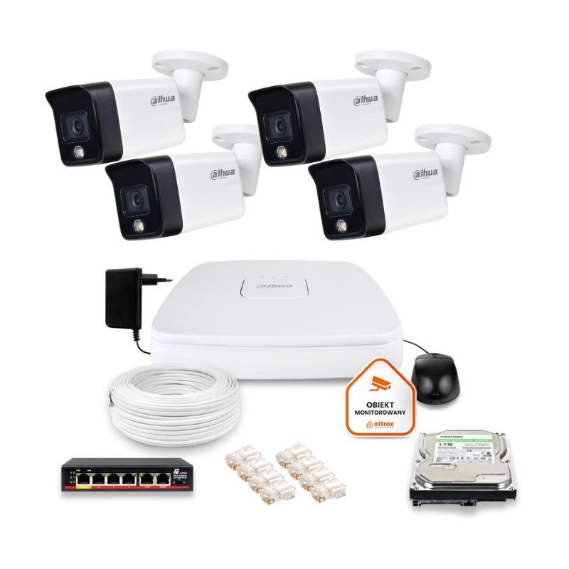 Zestaw monitoringu IP Dahua 4 kamery tubowe 6Mpx Dysk 1TB