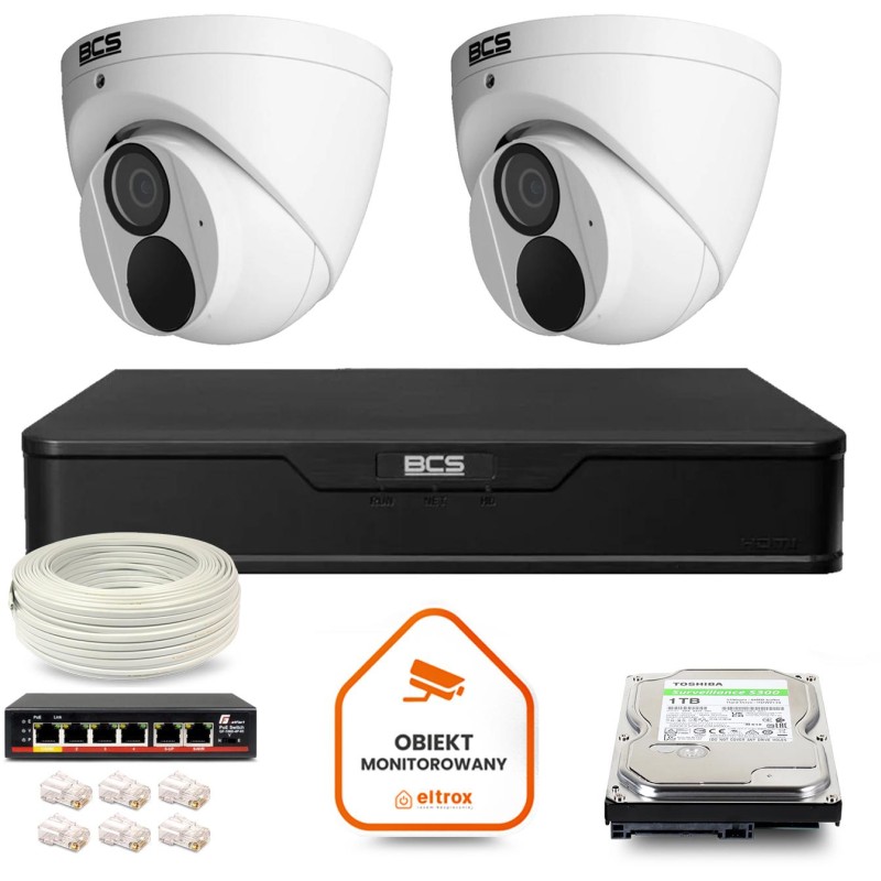 Zestaw monitoringu IP BCS Point 2x Kamera BCS-P-EIP28FWR3-Ai2 Rejestrator z dyskiem