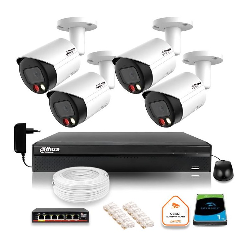 Zestaw monitoringu IP Dahua 4 kamer FullHD z podwójnych oświetleniem kolor w nocy