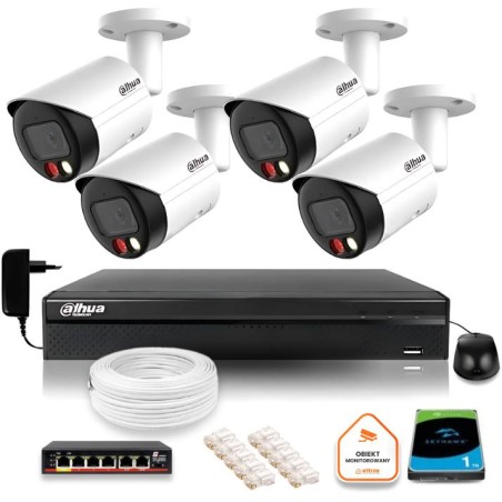 Zestaw monitoringu IP Dahua 4 kamer FullHD z podwójnych oświetleniem kolor w nocy