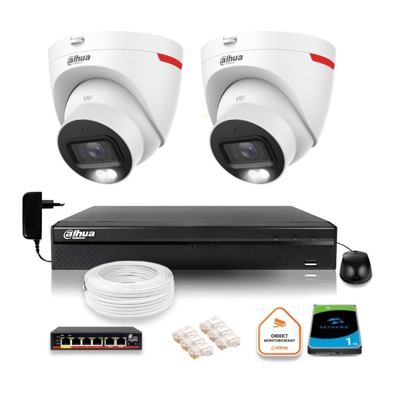 Zestaw monitoringu IP DAHUA 2 kamery zewnętrzne WizColor 2K 30m