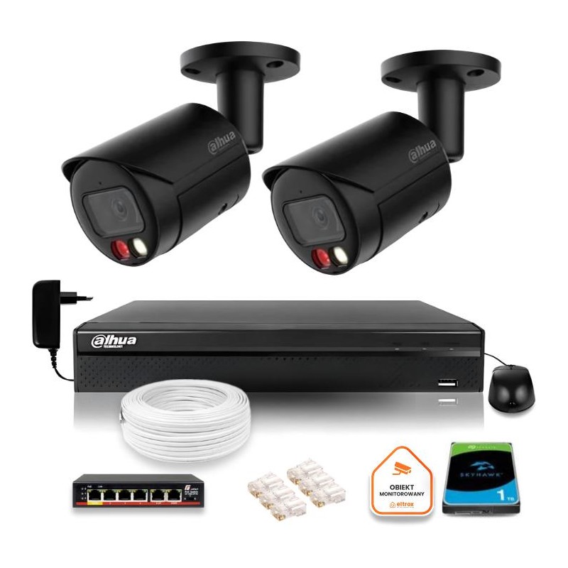 Zestaw monitoringu IP Dahua 4MPx 2K 2 kamery czarne zewnętrzne z dyskiem 1TB