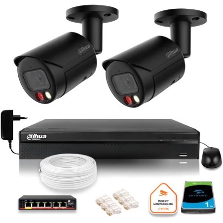 Zestaw monitoringu IP Dahua 4MPx 2K 2 kamery czarne zewnętrzne z dyskiem 1TB