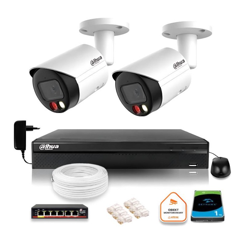 Zestaw monitoringu IP Dahua 8mpx 4K 2 kamery IPC-HFW2849S-S-IL z dyskiem 1TB