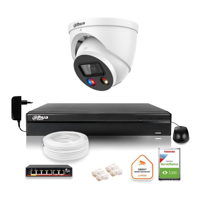 Zestaw monitoringu IP Dahua TIOC 5mpx 2K kamera IPC-HDW3549H-AS-PV-0280B-S5 rejestrator z dyskiem do pracy ciągłej