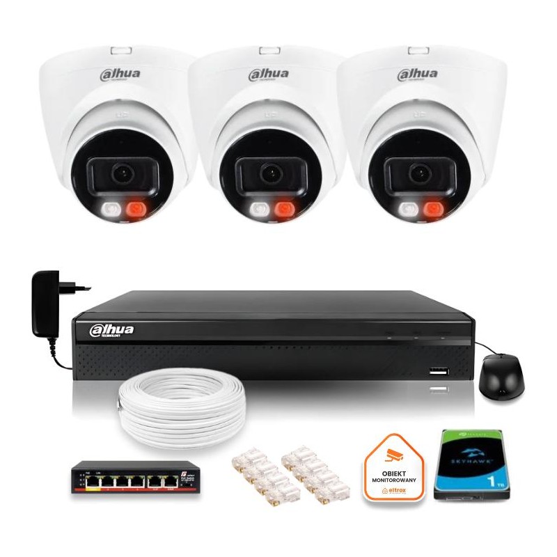 Zestaw monitoringu IP DAHUA 4Mpx 2K 3 kamery IPC-HDW1439V-A-IL z dyskiem 1TB