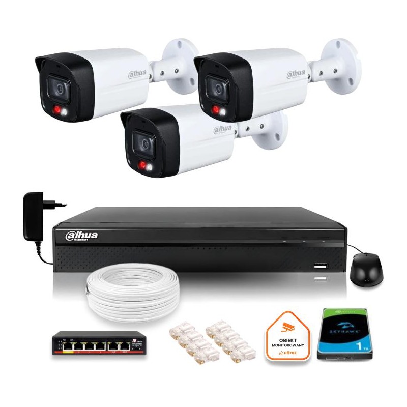 Zestaw monitoringu IP DAHUA 3 kamery 4MPx 2K IPC-HFW1439TL1-A-IL z dyskiem 1TB