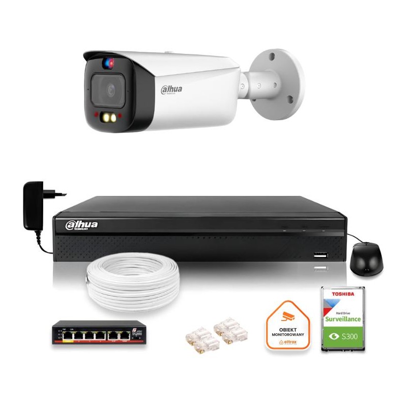 Zestaw monitoringu IP Dahua TIOC 5mpx 2K kamera IPC-HFW3549T1-AS-PV-0280B-S5 rejestrator z dyskiem do pracy ciągłej