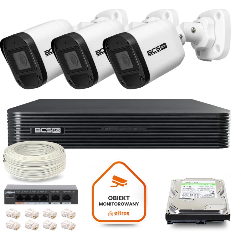 Zestaw monitoringu IP BCS Basic 3x Kamera BCS-B-TIP15FR3(2.0) Rejestrator z dyskiem