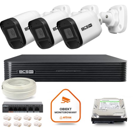 Zestaw monitoringu IP BCS Basic 3x Kamera BCS-B-TIP15FR3(2.0) Rejestrator z dyskiem