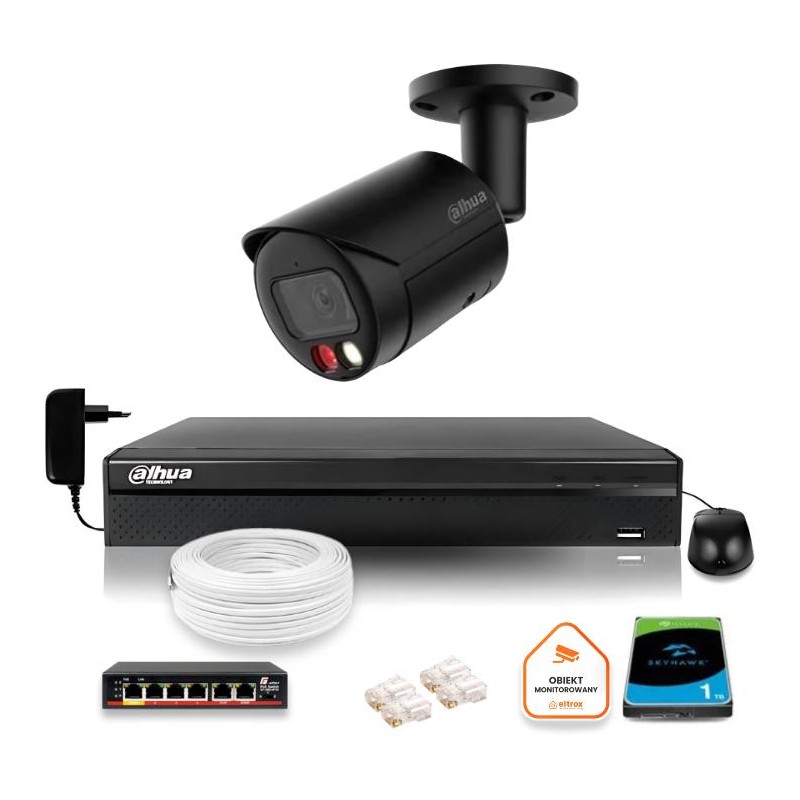 Zestaw monitoringu IP Dahua 4MPx 2K kamera czarna zewnętrzna z dyskiem 1TB