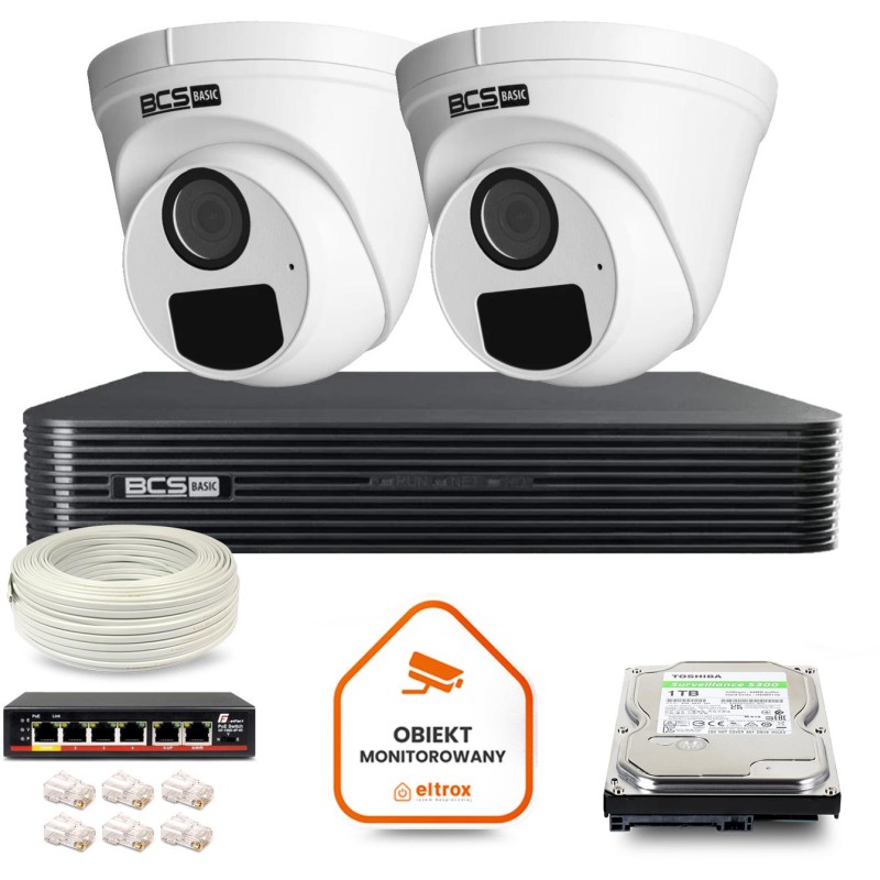Zestaw monitoringu IP BCS Basic 2x Kamera BCS-B-EIP15FR3(2.0) Rejestrator z dyskiem