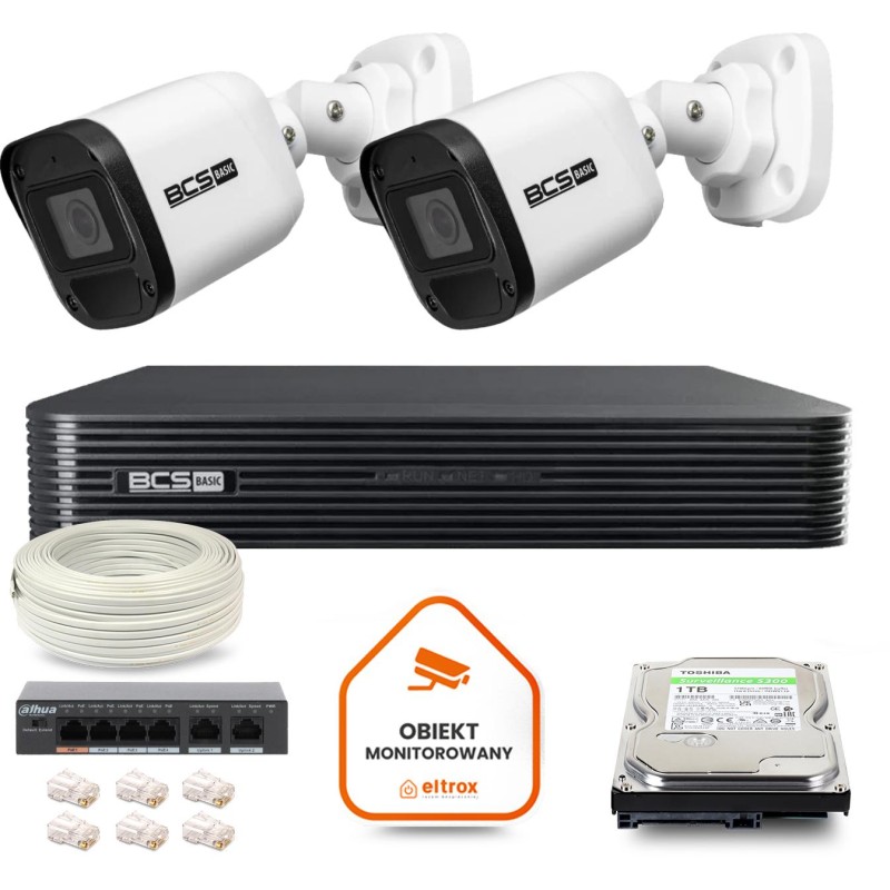Zestaw monitoringu IP BCS Basic 2x Kamera BCS-B-TIP15FR3(2.0) Rejestrator z dyskiem