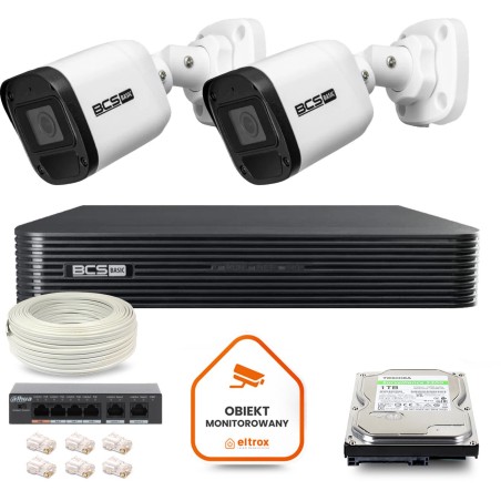 Zestaw monitoringu IP BCS Basic 2x Kamera BCS-B-TIP15FR3(2.0) Rejestrator z dyskiem