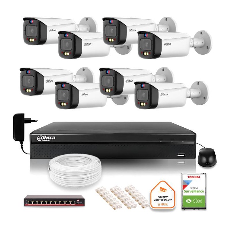 Zestaw monitoringu IP Dahua TIOC 5mpx 2K 8 kamer IPC-HFW3549T1-AS-PV-0280B-S5 rejestrator z dyskiem do pracy ciągłej