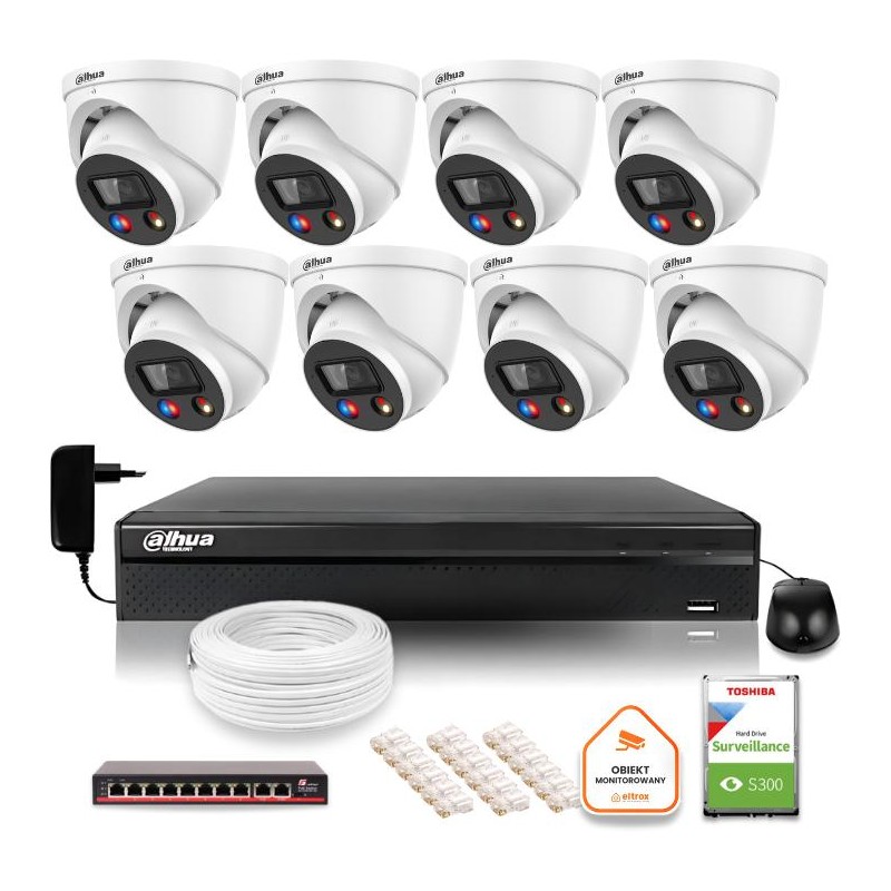 Zestaw monitoringu IP Dahua TIOC 8mpx 4K 8 kamer IPC-HDW3849H-AS-PV-0280B-S5 rejestrator z dyskiem do pracy ciągłej