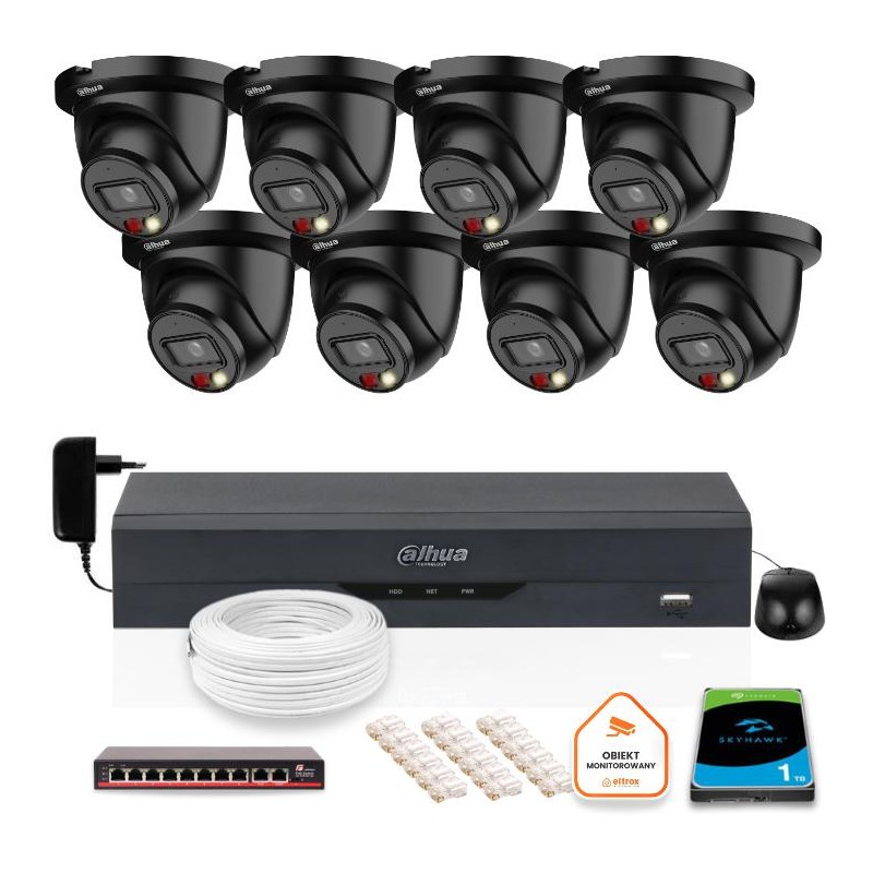 ZESTAW 8 Kamer czarnych IP Dahua 8mpx IPC-HDW2849TM-S-IL-BLACK + DYSK