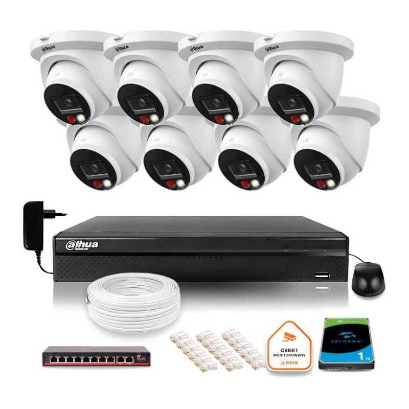 Zestaw monitoringu IP Dahua 8mpx 4K 8 kamer IPC-HDW2849TM-S-IL z dyskiem 1TB