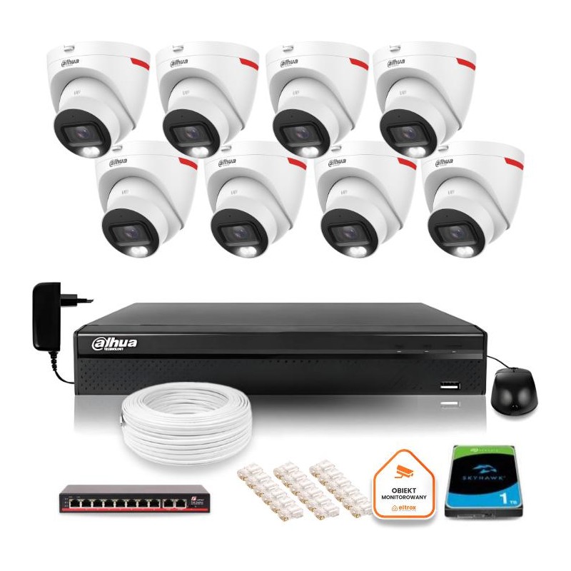 Zestaw monitoringu IP DAHUA 8 kamer zewnętrznych WizColor 2K 30m