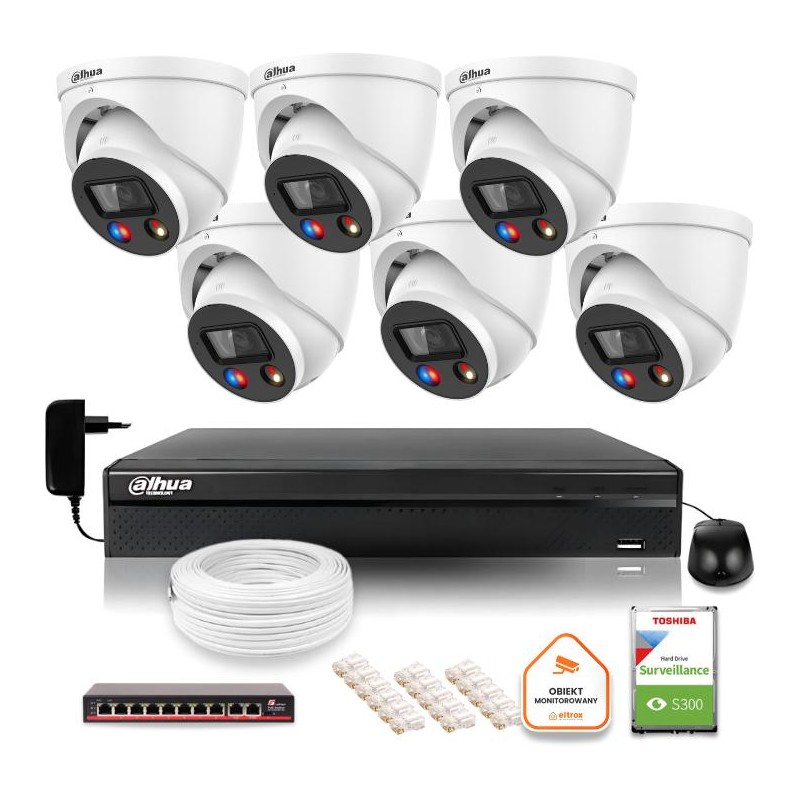 Zestaw monitoringu IP Dahua TIOC 5mpx 2K 6 kamer IPC-HDW3549H-AS-PV-0280B-S5 rejestrator z dyskiem do pracy ciągłej