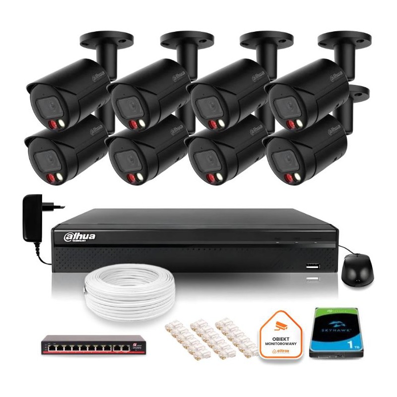 Zestaw monitoringu IP Dahua 4MPx 2K 8 kamer czarnych zewnętrznych z dyskiem 1TB