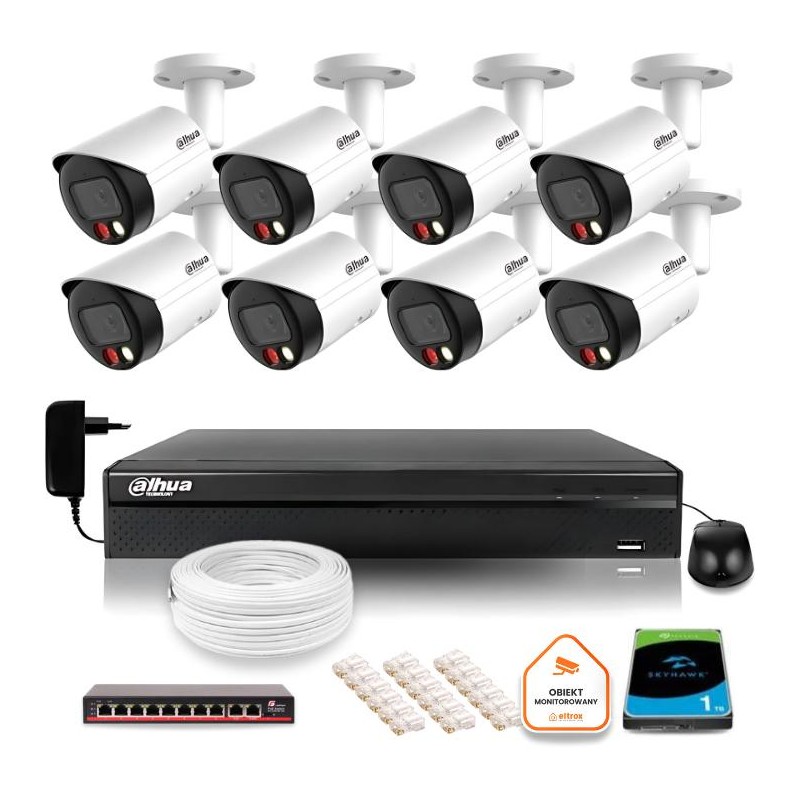Zestaw monitoringu IP Dahua 8mpx 4K 8 kamer IPC-HFW2849S-S-IL z dyskiem 1TB