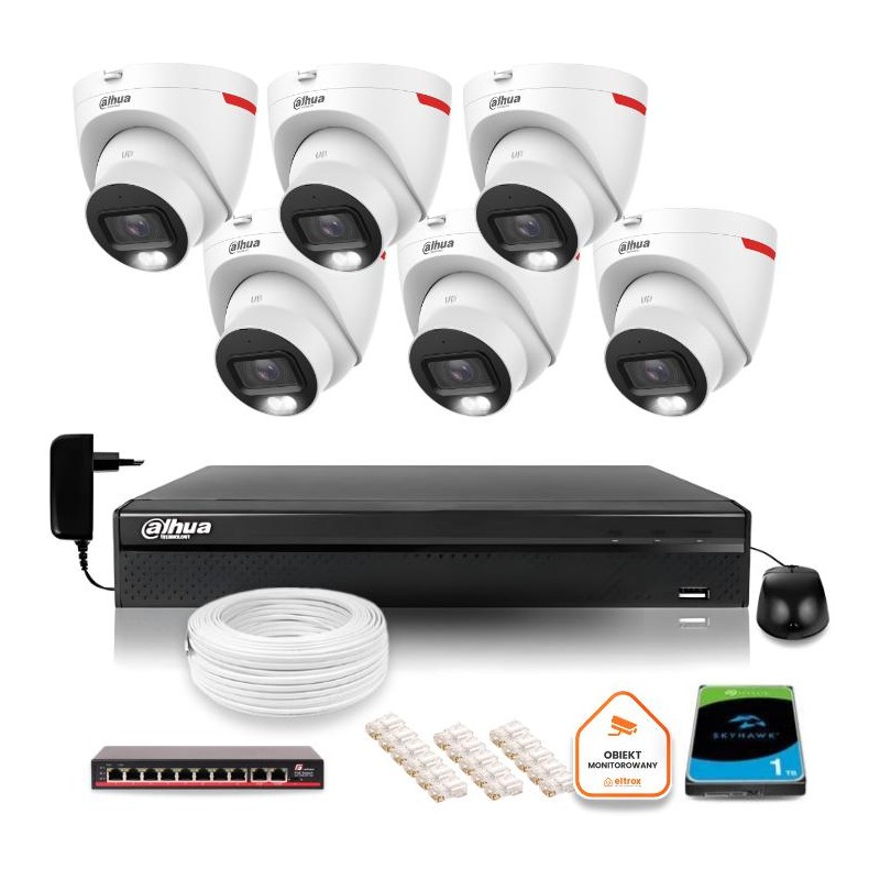 Zestaw monitoringu IP DAHUA 6 kamer zewnętrznych WizColor 2K 30m
