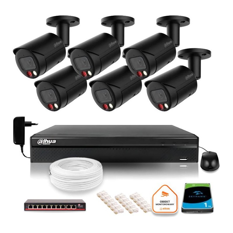 Zestaw monitoringu IP Dahua 4MPx 2K 6 kamer czarnych zewnętrznych z dyskiem 1TB
