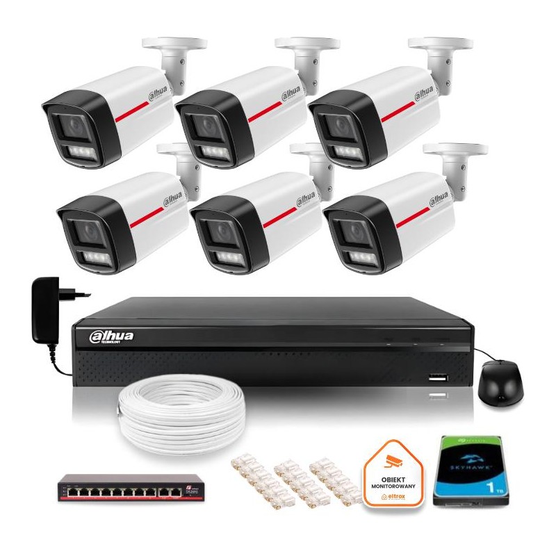 Zestaw monitoringu IP DAHUA 6 kamer zewnętrznych LED 50m WizColor 2K