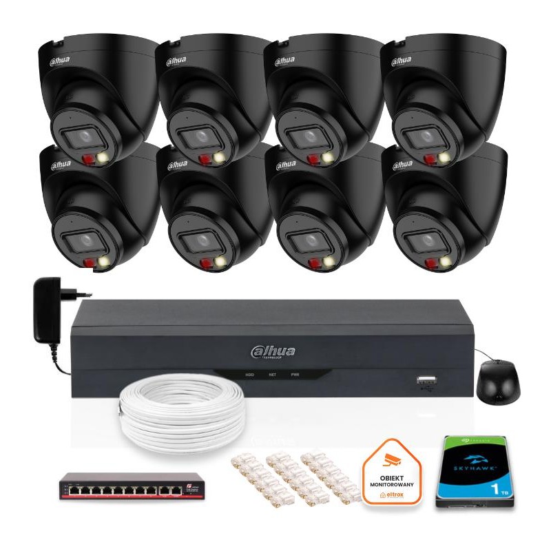 ZESTAW 8 Kamer IP Dahua 4mpx IPC-HDW1439V-A-IL-BLACK + DYSK