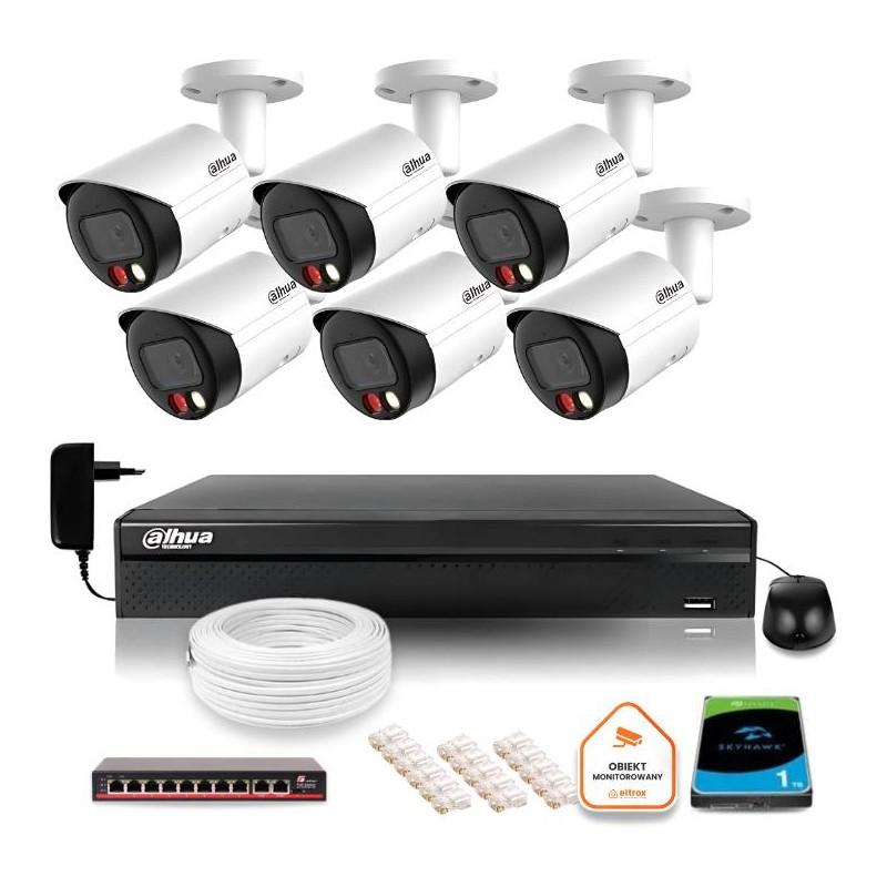 Zestaw monitoringu IP Dahua 6 kamer FullHD z podwójnych oświetleniem kolor w nocy