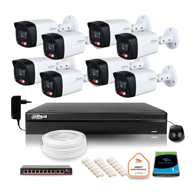 Zestaw monitoringu IP Dahua 2MPx 8 Kamer zewnętrznych Smart Dual Light IR LED 30m